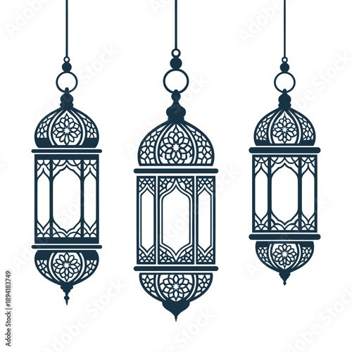 Stylish and Elegant collection of Islamic Ramadan lanterns and Golden crescent moon elements, designed in black and white for Eid festive silhouette vector illustration artwork.