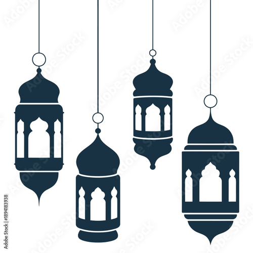Eid Mubarak Hanging Lantern Greeting Design Graphic. Islamic Lantern and Arabic Lantern Greeting silhouette Vector Design.