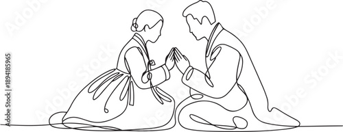 A couple wearing hanbok and greeting in continuous one line drawing. Single line art draw of Couple in traditional korean dresses. one line Art icon drawing