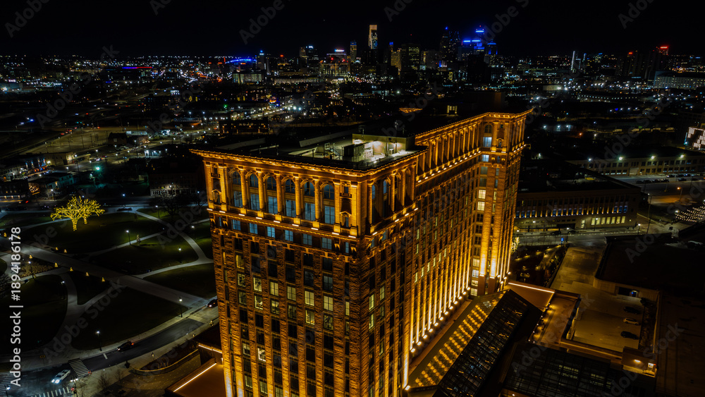 Αυτοκόλλητο night view of michigan central train station in detroit corktown neighborhood