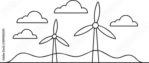 Wind turbines standing on rolling hills with clouds in the sky