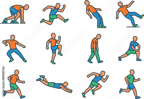 Set of flat design vector icons representing athletes in various running and jumping poses.