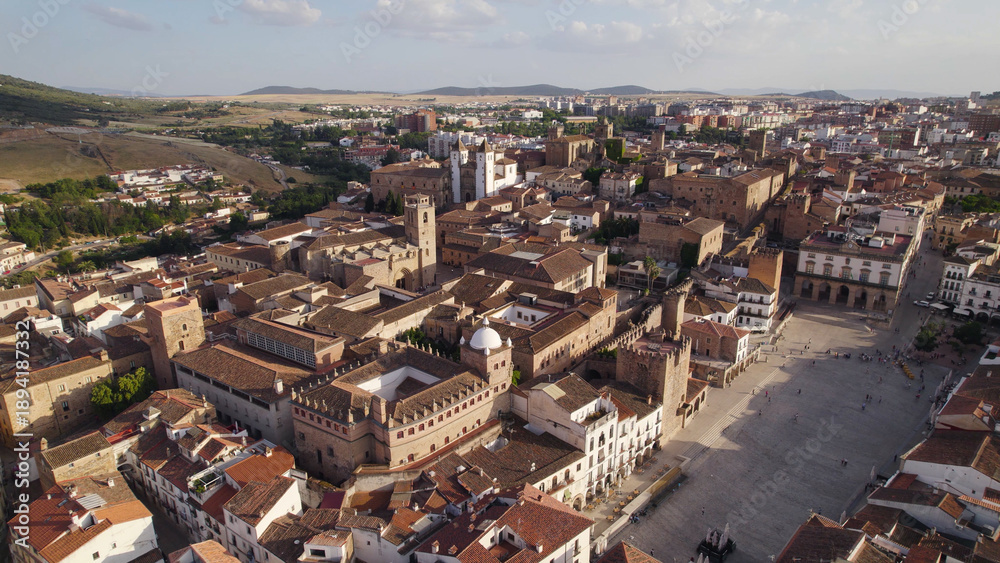 Fototapeta premium Aerial Panoramic View of Old Town Square, Caceres, Spain