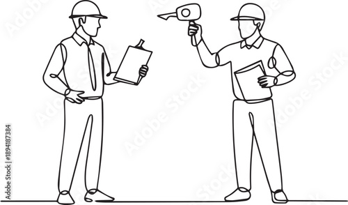 Two inspectors examining a site with clipboards and a magnifying glass