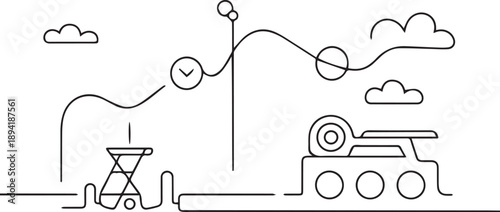 A minimalistic illustration of a tank pouring liquid into a container, viewed from the side, with a clock and signpost nearby, in a simple landscape with clouds.