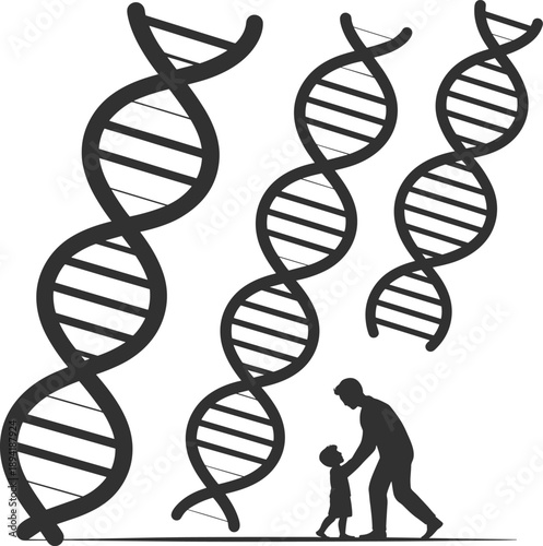 silhouette, child, dna, helix, genetic, science, black, white, background, human, figures, standing, together, 