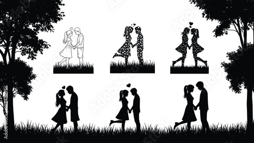 silhouettes, couples, embracing, kissing, park, trees, grass, love, romance, heart