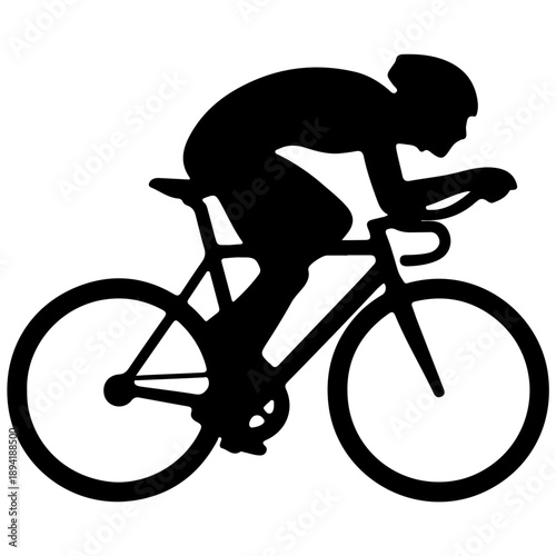 Isolated black vector illustration of a vintage mountain bike silhouette featuring a sport cyclist riding a racing vehicle with pedals and wheels for travel and outdoor transportation