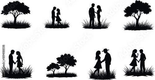 set of silhouettes of trees