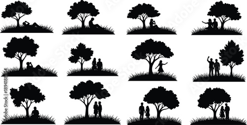 group, individuals, tree trunk, leaves, ground, grassy area, peaceful, calm, 
