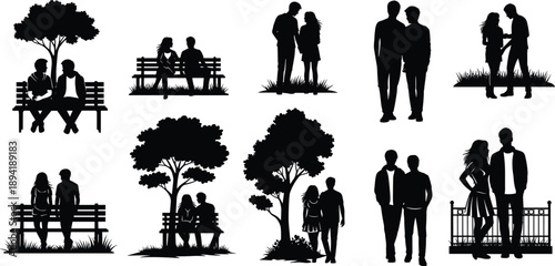 Silhouettes, people, couples, park, bench, trees, vector, collection, black, illustration, isolated, outdoor, lifestyle, figures, design, minimal, background, romance, scene, set