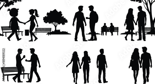 Silhouettes of people walking and interacting in a park setting with benches and trees holding hands