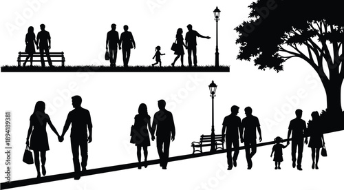 Silhouettes of people walking and sitting in a park with trees and lampposts