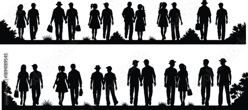 Silhouettes of people walking in pairs on a path with greenery on both sides