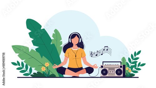 Young woman practicing yoga and meditation in a lotus pose while listening to music with headphones in a peaceful tropical garden setting.