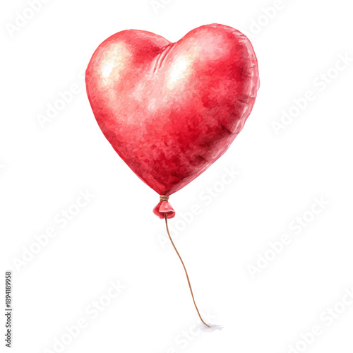 Isometric watercolor rendering of Valentines Heart Balloon, isolated on a clean white background.