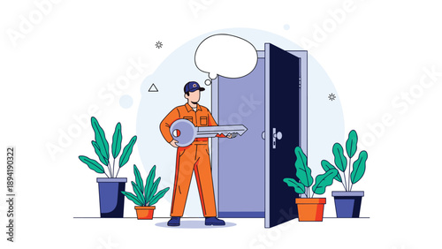 Professional repairman in orange uniform holding a large silver key while standing next to an open door in a room with indoor plants.