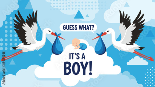 Charming birth announcement for a baby boy featuring two storks carrying blue bundles and a sleeping baby on a soft white cloud.