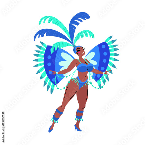Beautiful samba female dancer. Girl (woman) in blue carnival costume dancing on parade in Rio, Brazil. Party, entertainment concept. Vector illustration isolated on white.