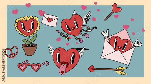 Heart vintage groovy characters set. Funny love and Valentines elements. Pink hearted mascots in different poses with faces, emotions with wings. Vector illustrations.