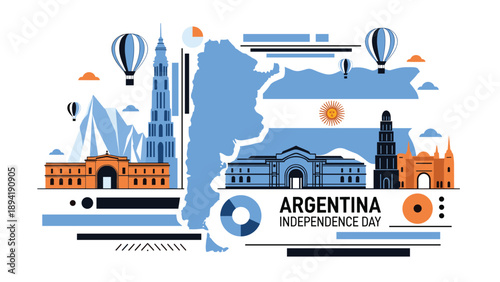 Celebration of Argentina Independence Day with national landmarks, world map, and the blue and white flag colors under hot air balloons.