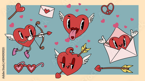 Heart vintage groovy characters set. Funny love and Valentines elements. Pink hearted mascots in different poses with faces, emotions with wings. Vector illustrations.