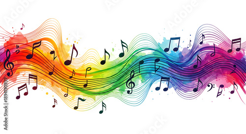 Colorful Music Notes on Wavy Staff Abstract isolated on transparent background	