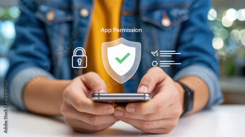 Smartphone user allowing app permission with security shield and password icons. Data privacy, access control, and user consent concept. Cyber security for mobile application login and authentication.