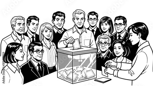 Black and white illustration of a diverse group of people gathered around a glass ballot box with a man putting a paper in it.