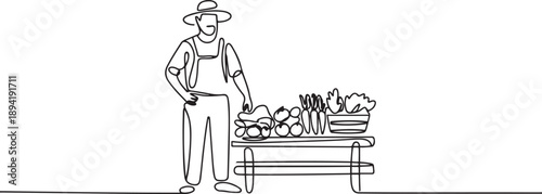 Farmer with vegetables beside market stall in continuous one line drawing. one line Art icon drawing vector