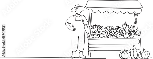 Farmer with vegetables beside market stall in continuous one line drawing. one line Art icon drawing vector