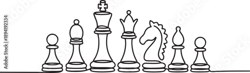Chess pieces in continuous one line drawing. Single line art illustration of chess game. one line Art icon drawing vector