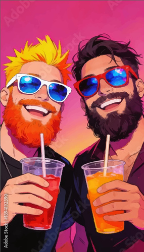 Vector illustration of two bearded men in sunglasses holding cocktail glasses on a bright pink background.