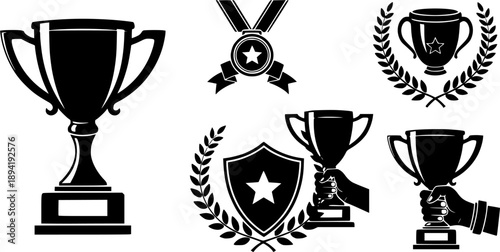 Award icon set. Champion symbol. Silhouette style 