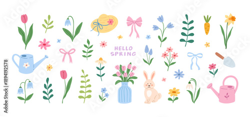 Spring set of elements with different flowers and garden items