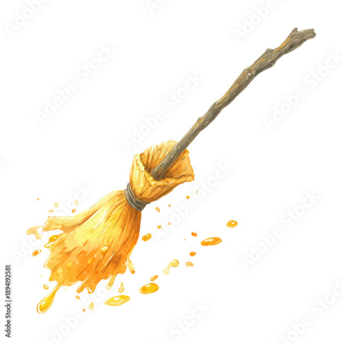 Watercolor isometric vector-style illustration of Halloween Broomstick, isolated on white background.
