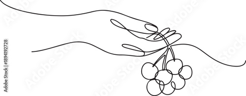 Continuous single one line hand drawing  hand, berry, ripe, fresh. one line Art icon drawing vector