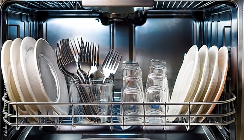 clean dishes glasses and cutlery drying in an open dishwasher ready to be put away