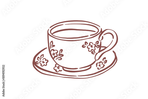 Canvas Print Spring hand drawn sketch of a vintage teacup and saucer with floral pattern, iso