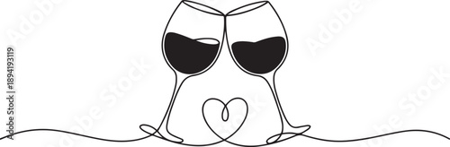 Glasses of wine with heart in continuous line drawing style isolated on white background. one line Art icon drawing vector