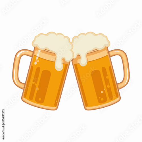 Two Cartoon Beer Mugs Clinking Together with Frothy Tops and Amber Liquid, Symbolizing Celebration and Friendship in a Fun Illustration