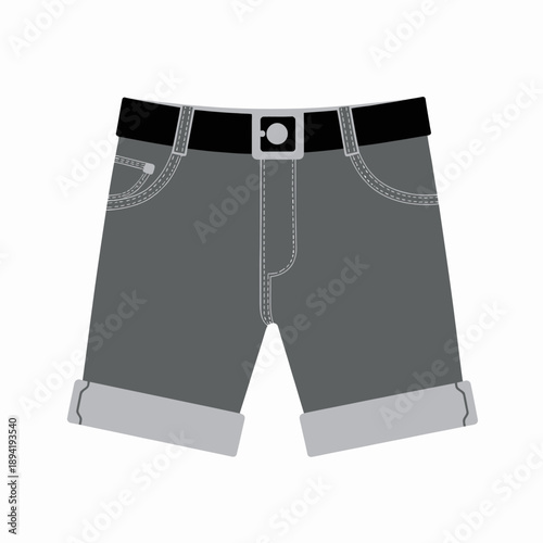 Stylish Gray Denim Shorts with Black Belt and Folded Cuffs Illustration on White Background Showing Minimalist Fashion Design