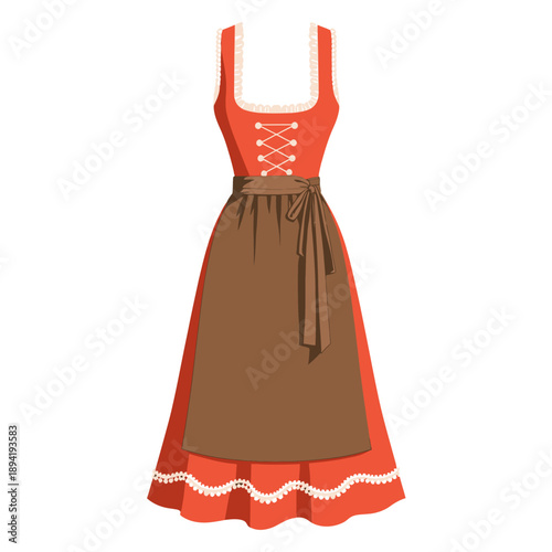 Traditional red dirndl dress illustration featuring intricate bodice lacing with a brown apron and delicate white trim against a simple white background