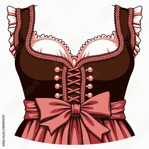 Traditional Bavarian Dirndl Costume with Brown Bodice, Lace Trimmings, and Pink Bow for Cultural Festivals and Celebrations