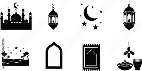Islamic Symbols Mosque Lantern Moon Stars Palm Trees Prayer Mat and Dates (18
