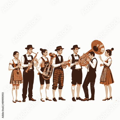 A Group of Traditional Musicians in Cultural Attire Performing with Brass and Woodwind Instruments in a Harmonious Outdoor Setting