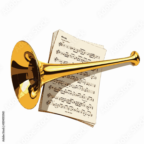 Golden Brass Instrument Resting on Sheet Music Featuring Classical Notes and Intricate Arrangements Reflecting a Harmonious Symphony Theme