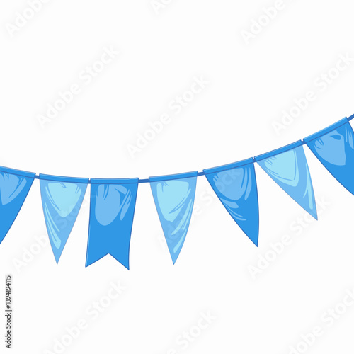 Illustration of a String of Blue Pennant Flags Hanging Diagonally Against a Clean White Background with Simple and Bright Aesthetic Appeal