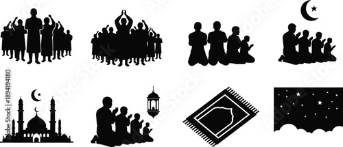 Muslims Praying at Mosque and Ramadan Symbols (19