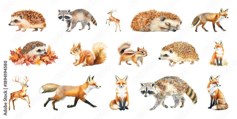 Fototapeta premium PNG Woodland animals watercolor illustrations, element set on transparent background